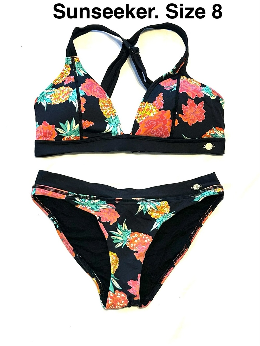 Floral Bikini Set Black Coral Teal Swim Beach Vacation 🏖️